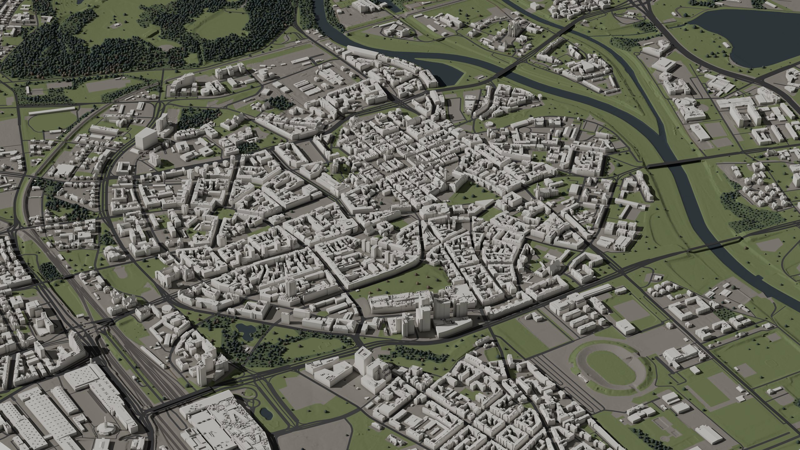 Poznań 3D city model, LOD2.2, Aerial view